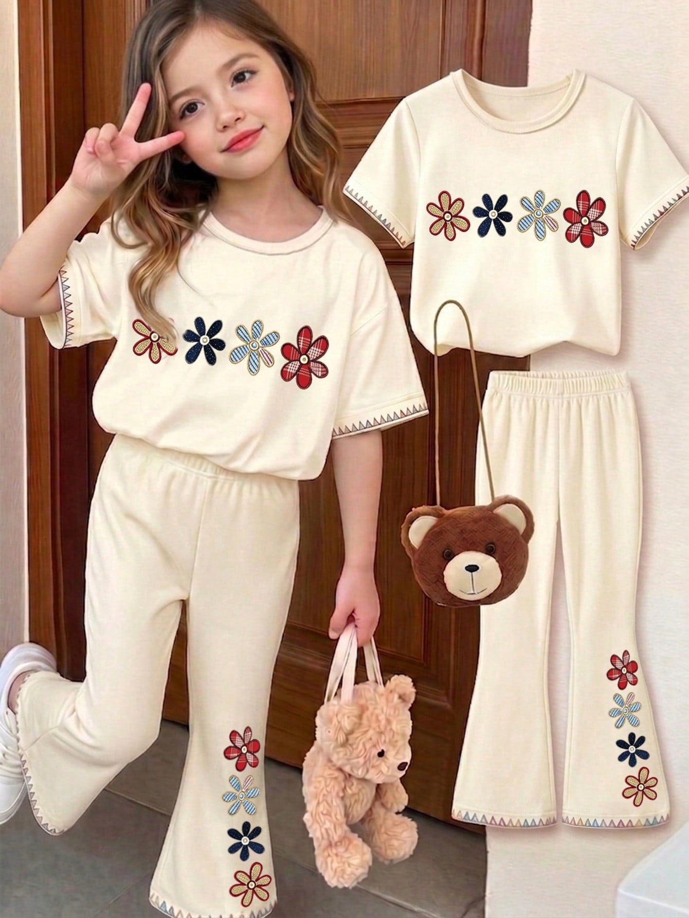 Elladie kids 2pcs/Set Young Girl Casual Butterfly Print Short Sleeve T-Shirt And Flare Pants,Cute Cartoon Graphic Fashionable Summer Clothes For School Outfit
