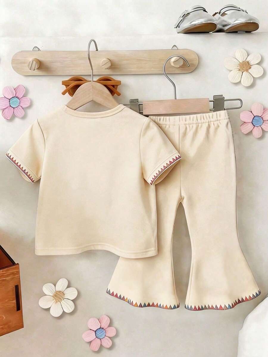 Elladie kids 2pcs/Set Young Girl Casual Butterfly Print Short Sleeve T-Shirt And Flare Pants,Cute Cartoon Graphic Fashionable Summer Clothes For School Outfit