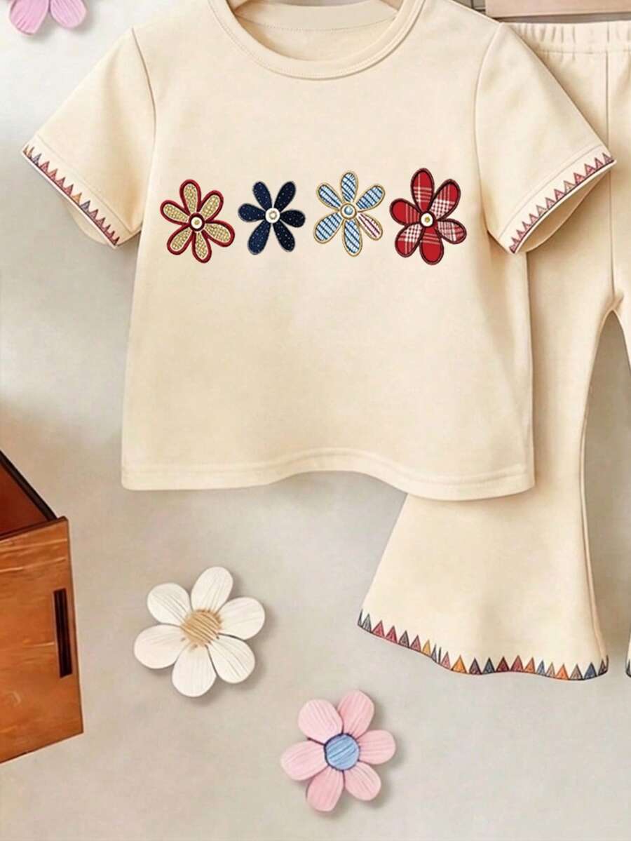 Elladie kids 2pcs/Set Young Girl Casual Butterfly Print Short Sleeve T-Shirt And Flare Pants,Cute Cartoon Graphic Fashionable Summer Clothes For School Outfit