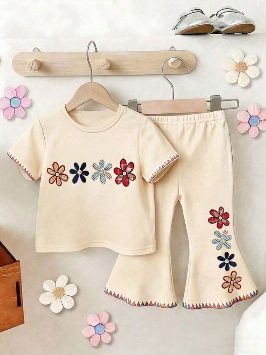 Elladie kids 2pcs/Set Young Girl Casual Butterfly Print Short Sleeve T-Shirt And Flare Pants,Cute Cartoon Graphic Fashionable Summer Clothes For School Outfit