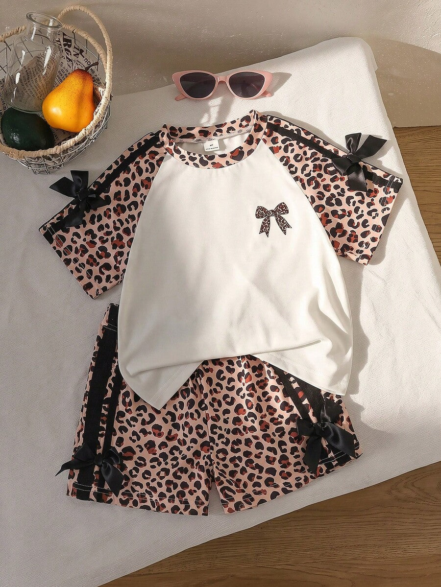 Genkimix Kids Young Girls Casual Light Sports Print Leopard Raglan T-Shirt With Cute Bow Front, Contrast Pink Knit Jersey Fabric, Y2K Retro Double Stripe Leopard Shorts Set, Suitable For Casual Activities, Street Style, Sports