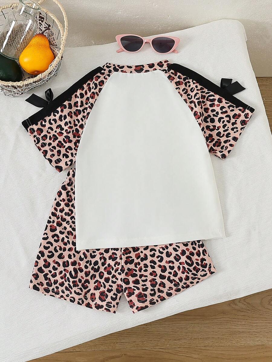 Genkimix Kids Young Girls Casual Light Sports Print Leopard Raglan T-Shirt With Cute Bow Front, Contrast Pink Knit Jersey Fabric, Y2K Retro Double Stripe Leopard Shorts Set, Suitable For Casual Activities, Street Style, Sports