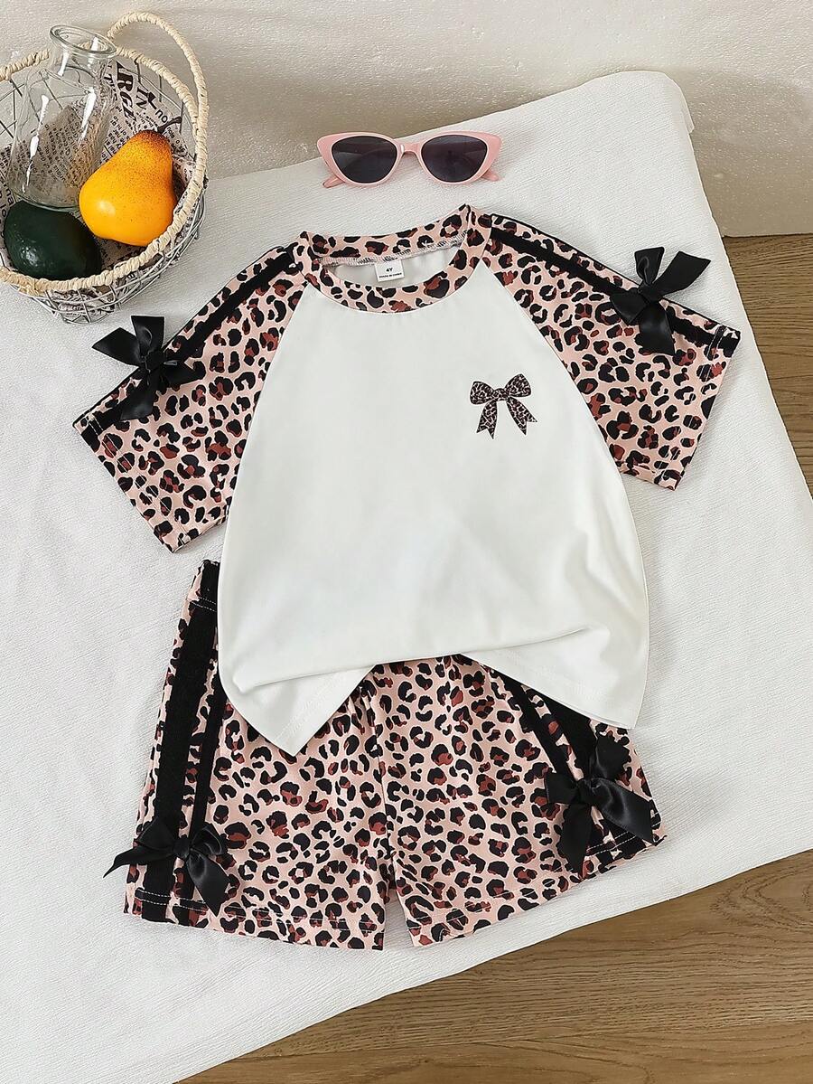 Genkimix Kids Young Girls Casual Light Sports Print Leopard Raglan T-Shirt With Cute Bow Front, Contrast Pink Knit Jersey Fabric, Y2K Retro Double Stripe Leopard Shorts Set, Suitable For Casual Activities, Street Style, Sports