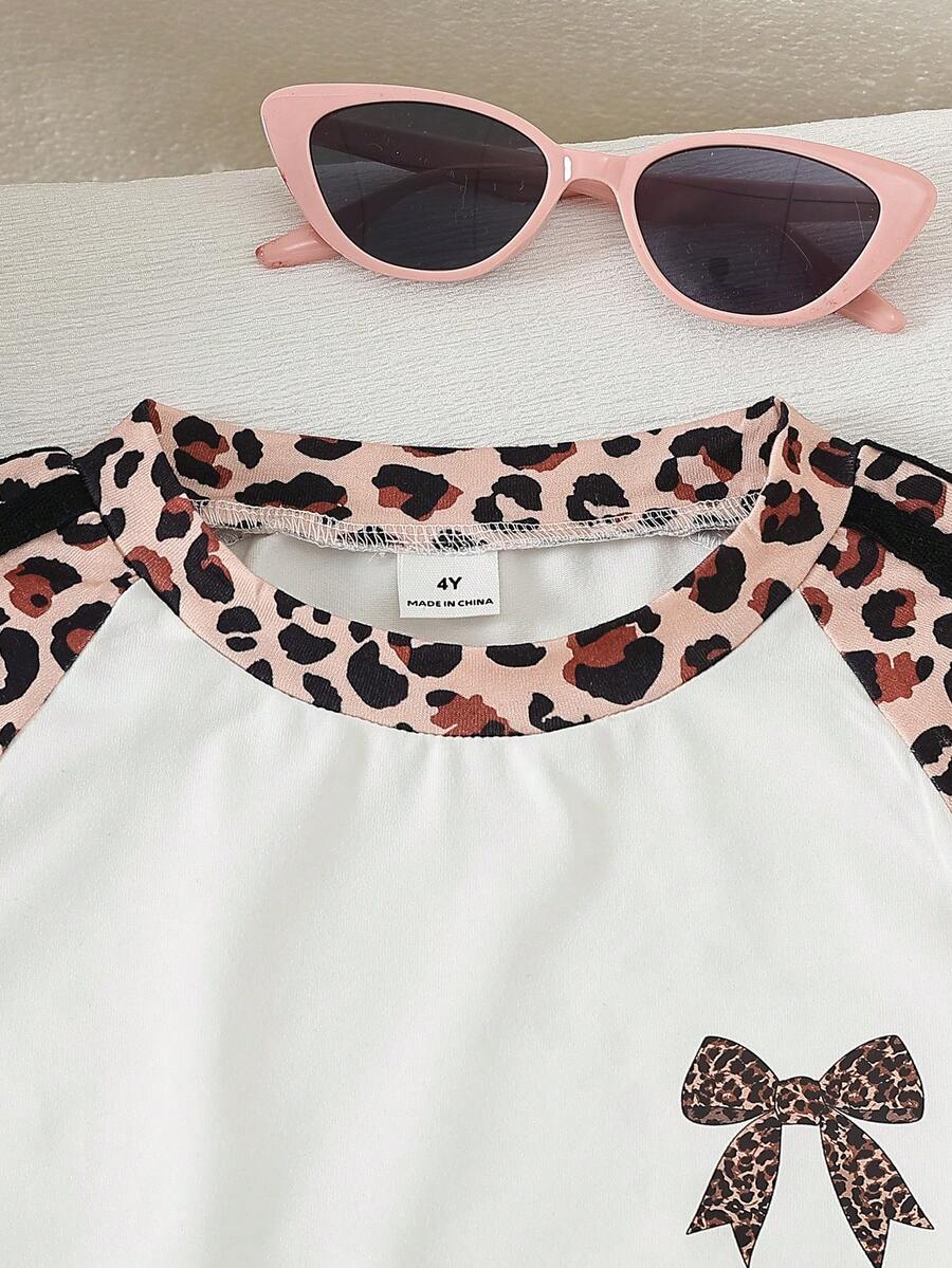 Genkimix Kids Young Girls Casual Light Sports Print Leopard Raglan T-Shirt With Cute Bow Front, Contrast Pink Knit Jersey Fabric, Y2K Retro Double Stripe Leopard Shorts Set, Suitable For Casual Activities, Street Style, Sports