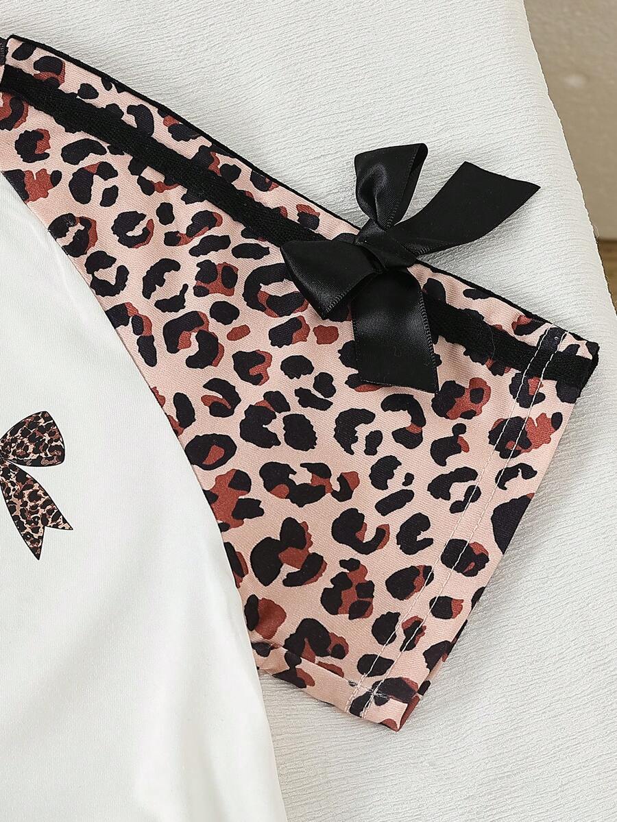 Genkimix Kids Young Girls Casual Light Sports Print Leopard Raglan T-Shirt With Cute Bow Front, Contrast Pink Knit Jersey Fabric, Y2K Retro Double Stripe Leopard Shorts Set, Suitable For Casual Activities, Street Style, Sports