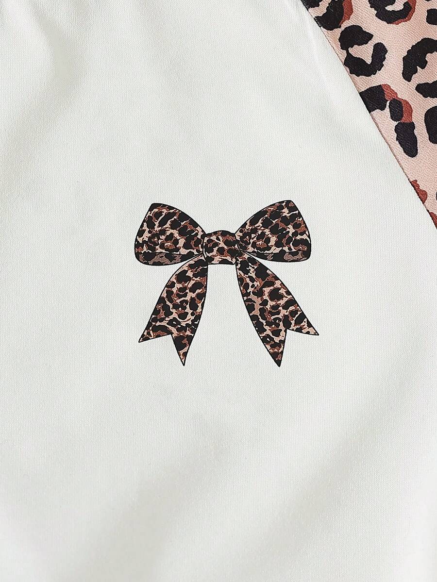 Genkimix Kids Young Girls Casual Light Sports Print Leopard Raglan T-Shirt With Cute Bow Front, Contrast Pink Knit Jersey Fabric, Y2K Retro Double Stripe Leopard Shorts Set, Suitable For Casual Activities, Street Style, Sports