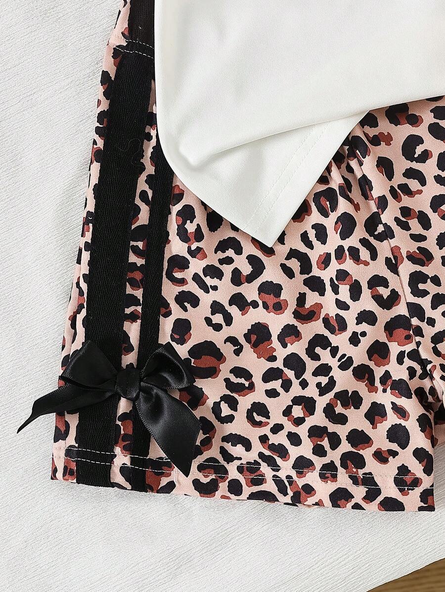 Genkimix Kids Young Girls Casual Light Sports Print Leopard Raglan T-Shirt With Cute Bow Front, Contrast Pink Knit Jersey Fabric, Y2K Retro Double Stripe Leopard Shorts Set, Suitable For Casual Activities, Street Style, Sports