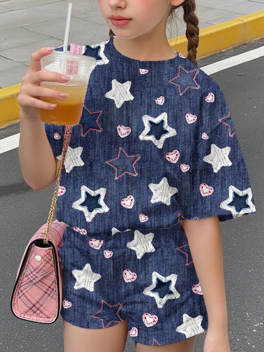 Young Girl Young Girl Casual Minimalist Short Sleeve T-Shirt And Shorts 2-Piece Set Suitable For Summer