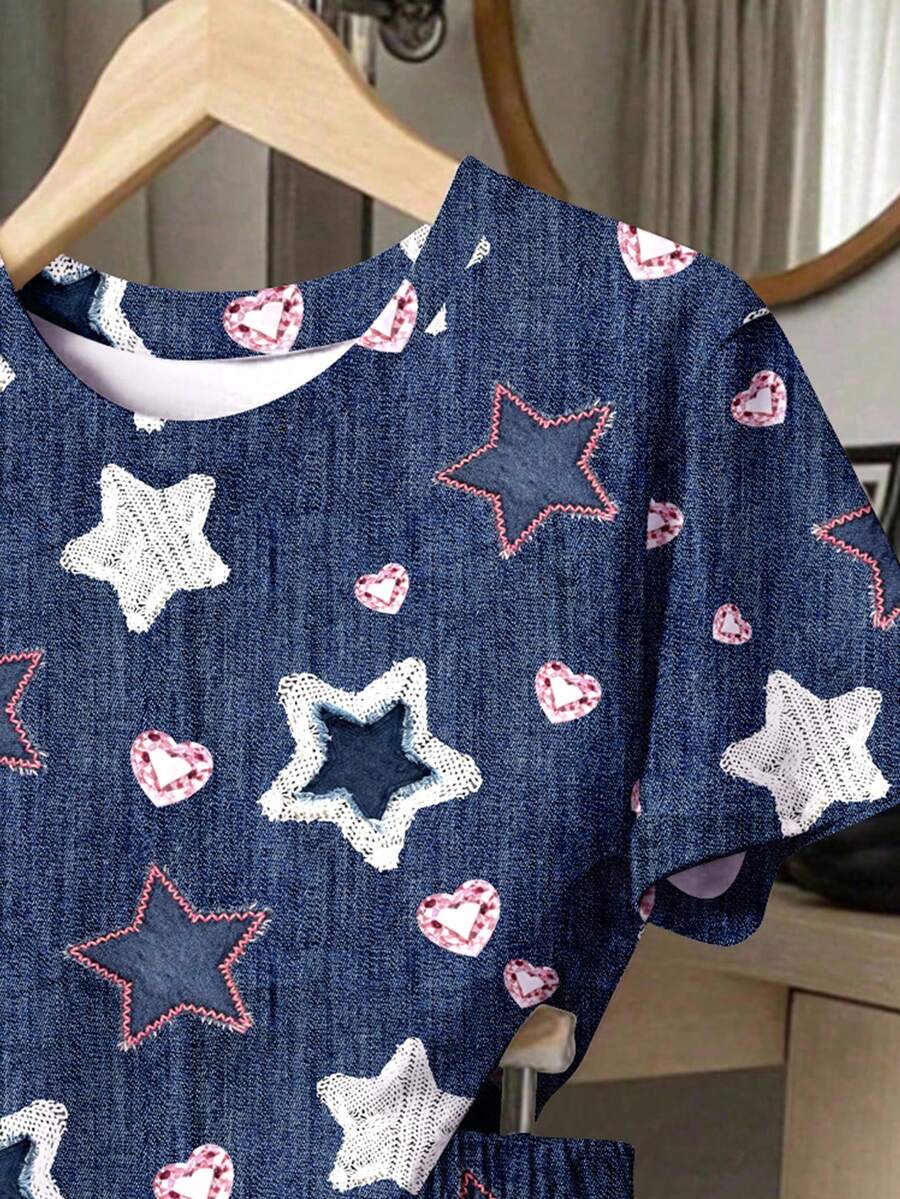 Young Girl Young Girl Casual Minimalist Short Sleeve T-Shirt And Shorts 2-Piece Set Suitable For Summer