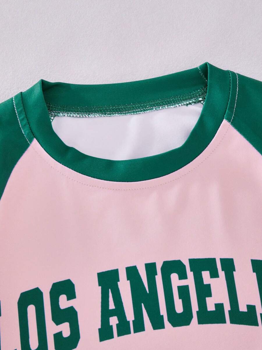 Genkimix Kids Young Girls Casual Light Sports Print Leopard Raglan T-Shirt With Cute Bow Front, Contrast Pink Knit Jersey Fabric, Y2K Retro Double Stripe Leopard Shorts Set, Suitable For Casual Activities, Street Style, Sports