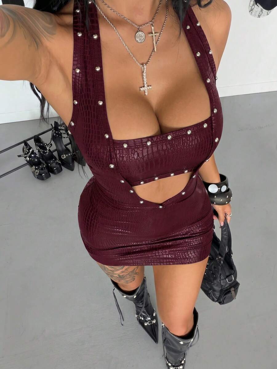 Women's sleeveless halter bodycon mini dress with studded details, cutout design, slim fit, and pencil hem