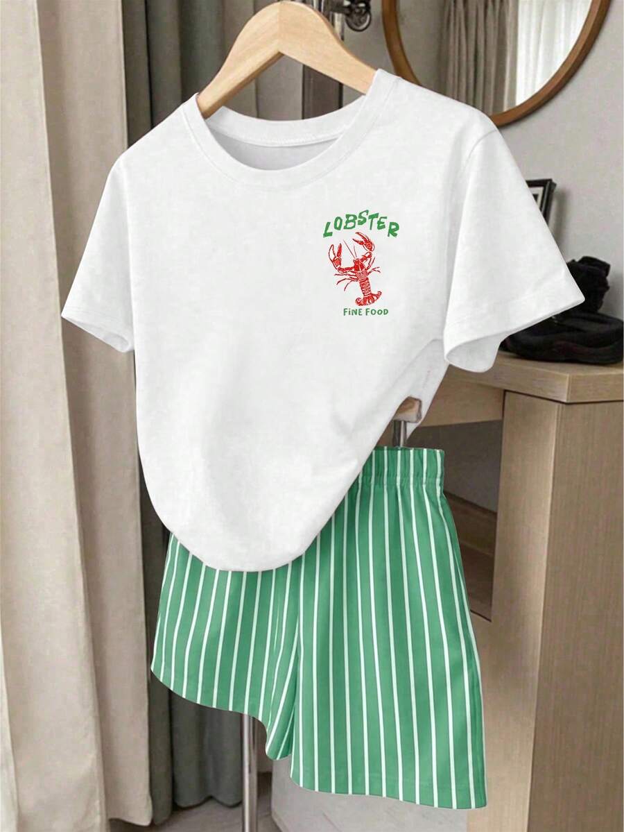 Young Girl Young Girl Casual Minimalist Short Sleeve T-Shirt And Shorts 2-Piece Set Suitable For Summer