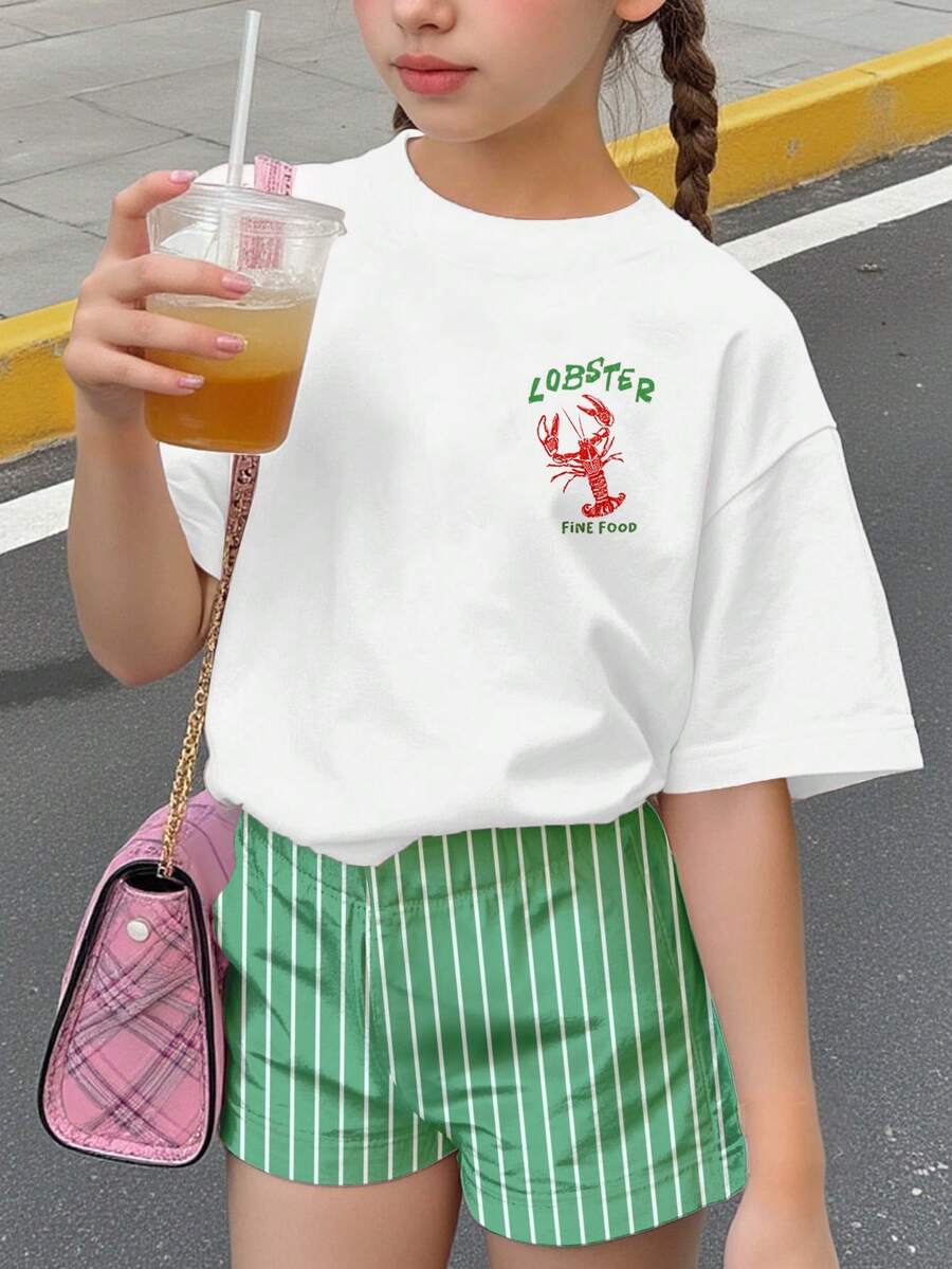Young Girl Young Girl Casual Minimalist Short Sleeve T-Shirt And Shorts 2-Piece Set Suitable For Summer