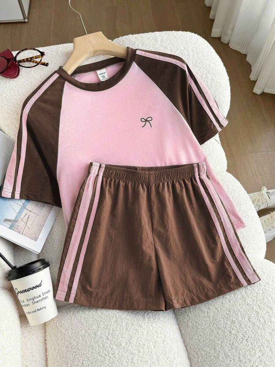 Genkimix Kids Young Girls Casual Light Sports Print Leopard Raglan T-Shirt With Cute Bow Front, Contrast Pink Knit Jersey Fabric, Y2K Retro Double Stripe Leopard Shorts Set, Suitable For Casual Activities, Street Style, Sports