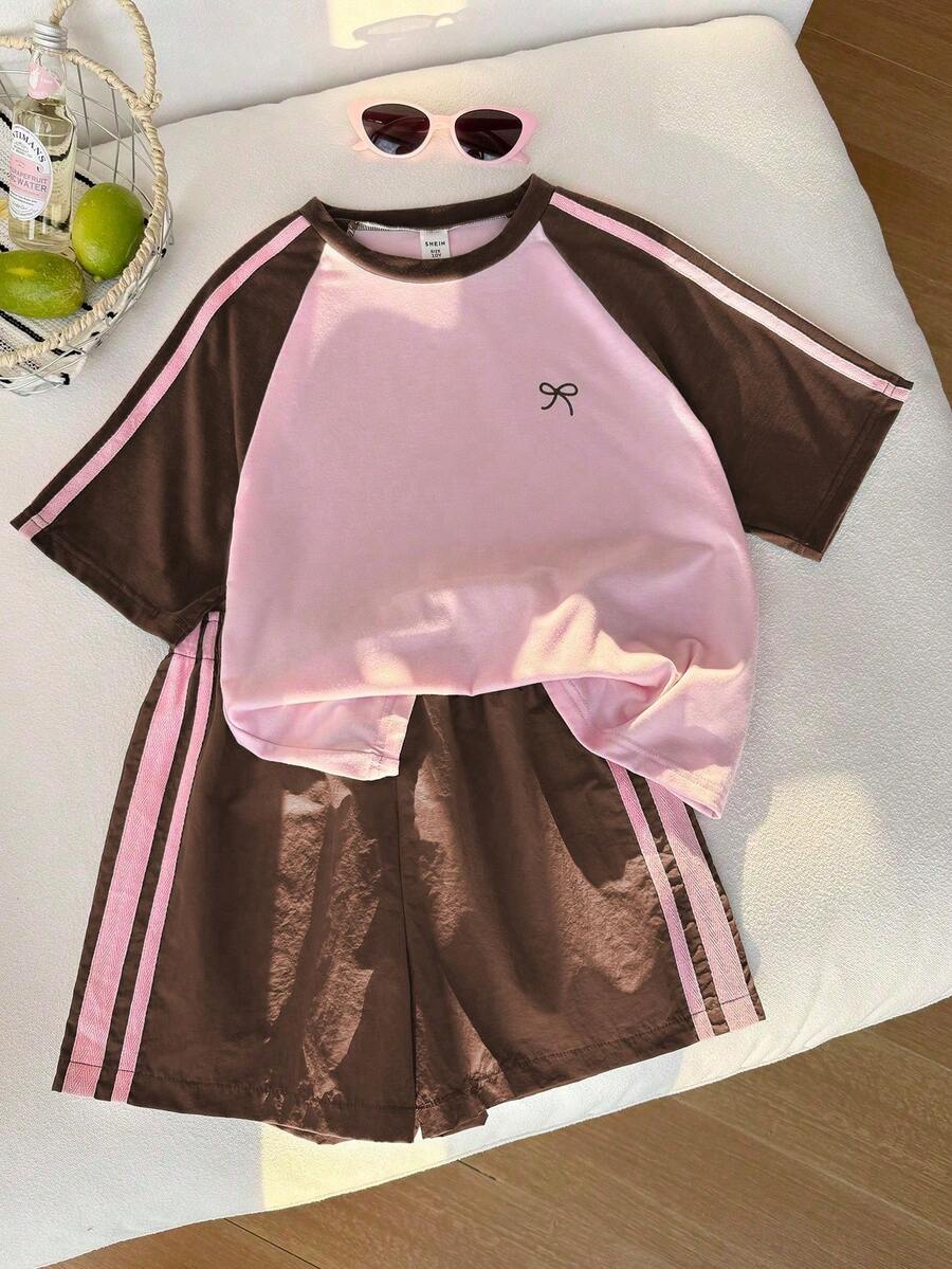 Genkimix Kids Young Girls Casual Light Sports Print Leopard Raglan T-Shirt With Cute Bow Front, Contrast Pink Knit Jersey Fabric, Y2K Retro Double Stripe Leopard Shorts Set, Suitable For Casual Activities, Street Style, Sports
