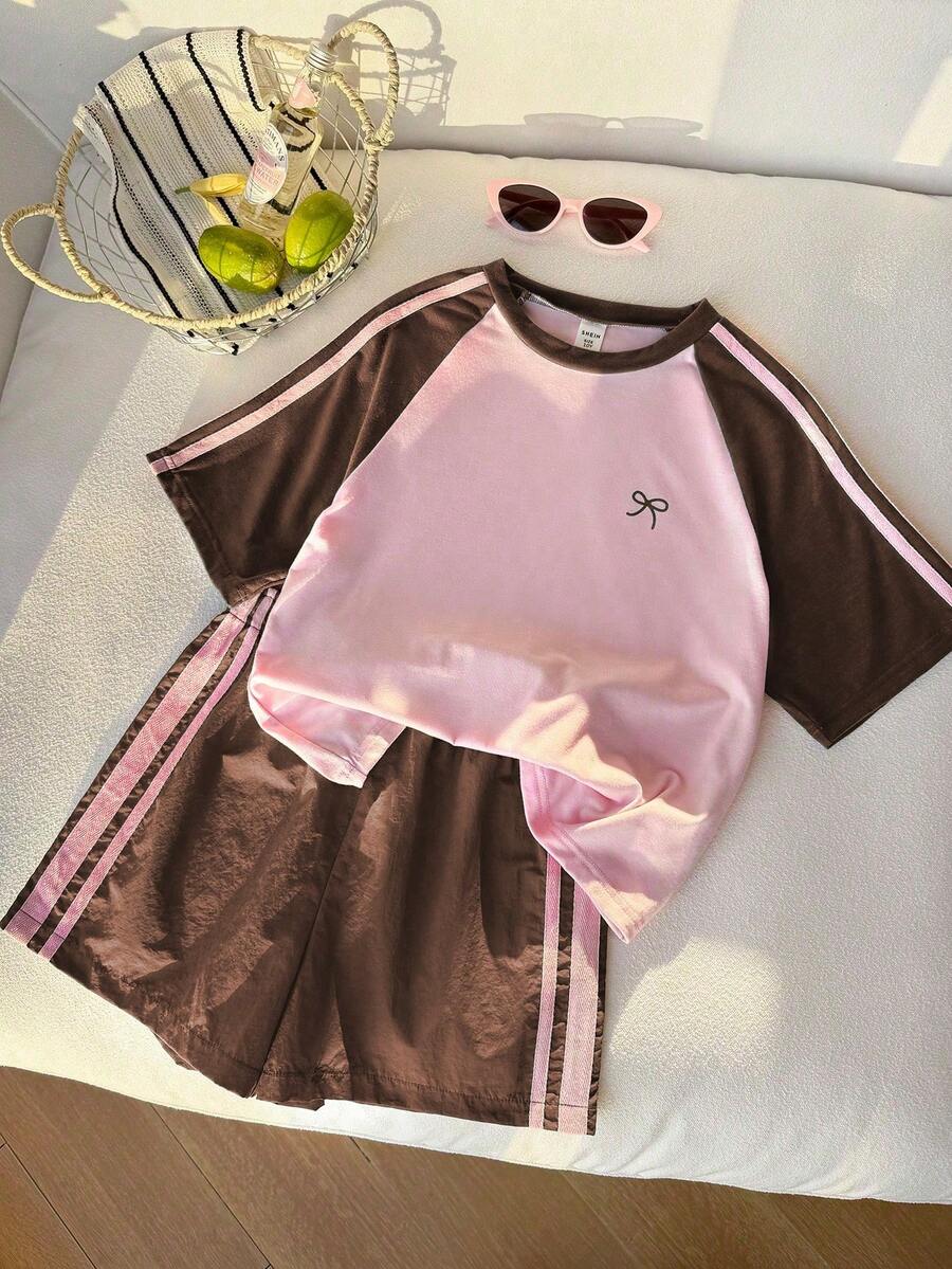 Genkimix Kids Young Girls Casual Light Sports Print Leopard Raglan T-Shirt With Cute Bow Front, Contrast Pink Knit Jersey Fabric, Y2K Retro Double Stripe Leopard Shorts Set, Suitable For Casual Activities, Street Style, Sports