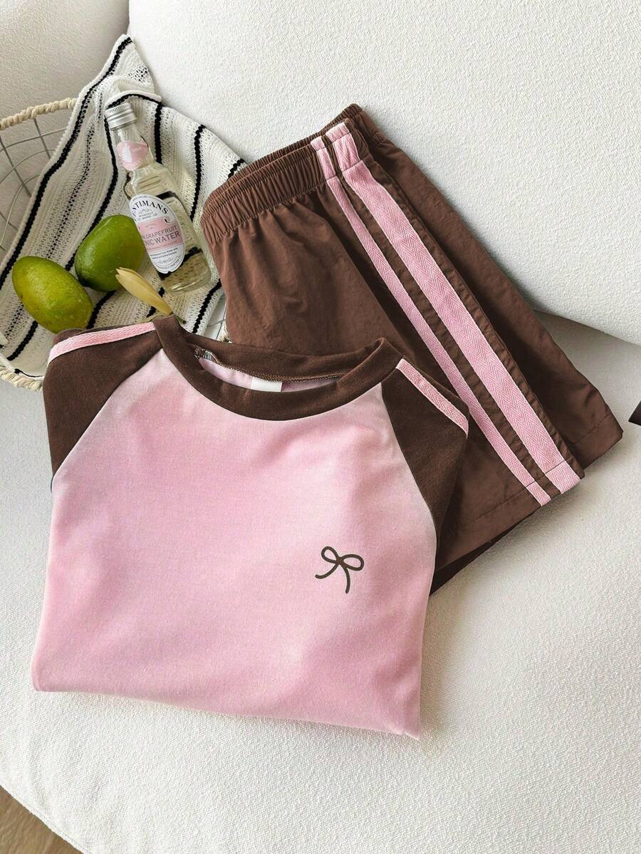 Genkimix Kids Young Girls Casual Light Sports Print Leopard Raglan T-Shirt With Cute Bow Front, Contrast Pink Knit Jersey Fabric, Y2K Retro Double Stripe Leopard Shorts Set, Suitable For Casual Activities, Street Style, Sports