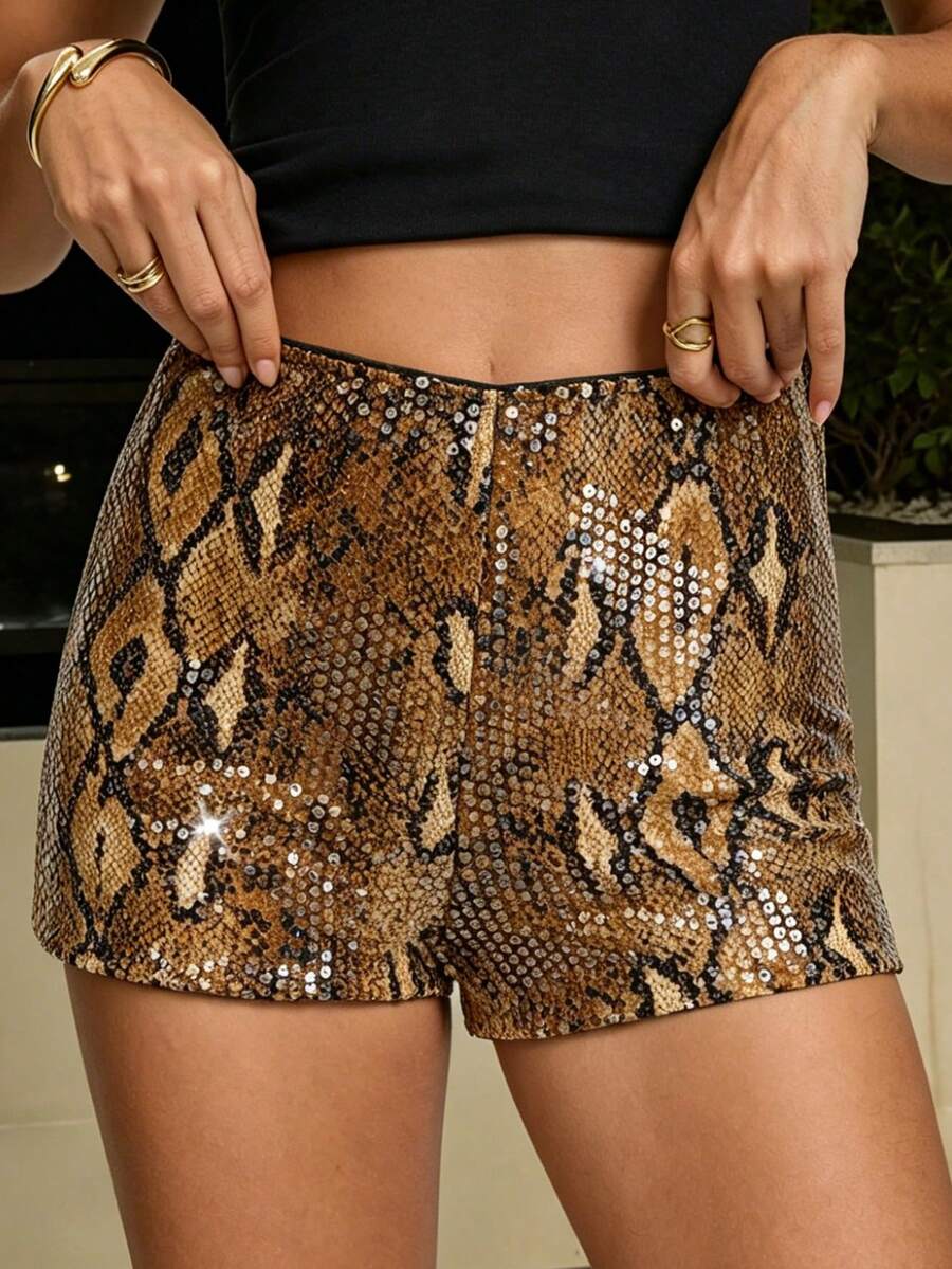 Women's Y2K leopard print sequin ultra short hot pants with elastic waist and shiny party style