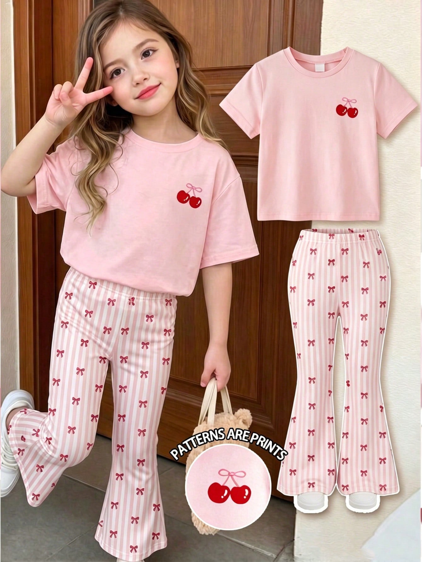 Elladie kids 2pcs/Set Young Girl Casual Butterfly Print Short Sleeve T-Shirt And Flare Pants,Cute Cartoon Graphic Fashionable Summer Clothes For School Outfit