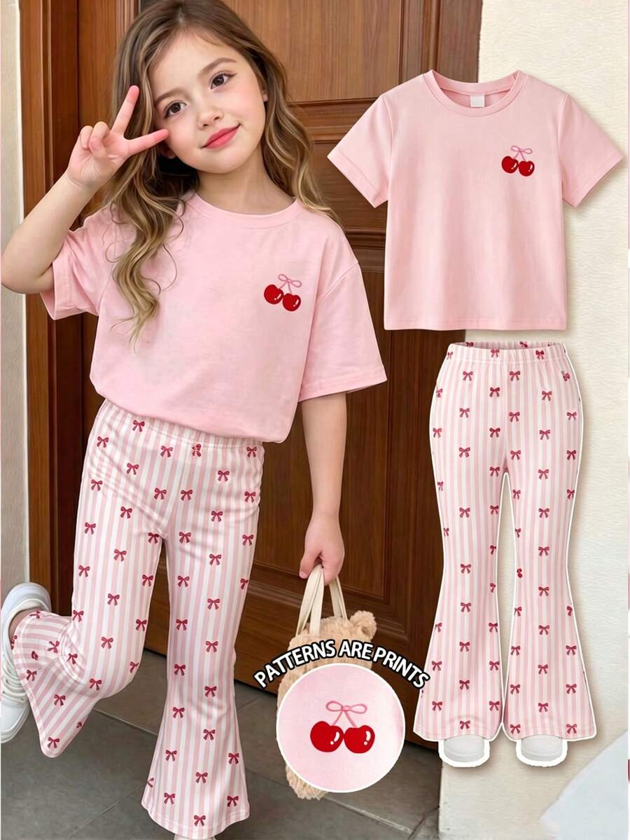 Elladie kids 2pcs/Set Young Girl Casual Butterfly Print Short Sleeve T-Shirt And Flare Pants,Cute Cartoon Graphic Fashionable Summer Clothes For School Outfit