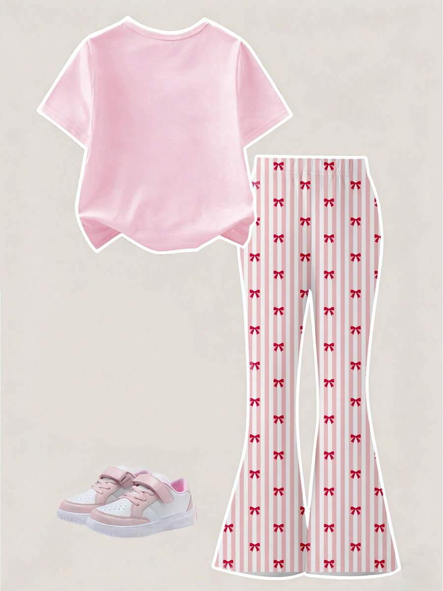 Elladie kids 2pcs/Set Young Girl Casual Butterfly Print Short Sleeve T-Shirt And Flare Pants,Cute Cartoon Graphic Fashionable Summer Clothes For School Outfit