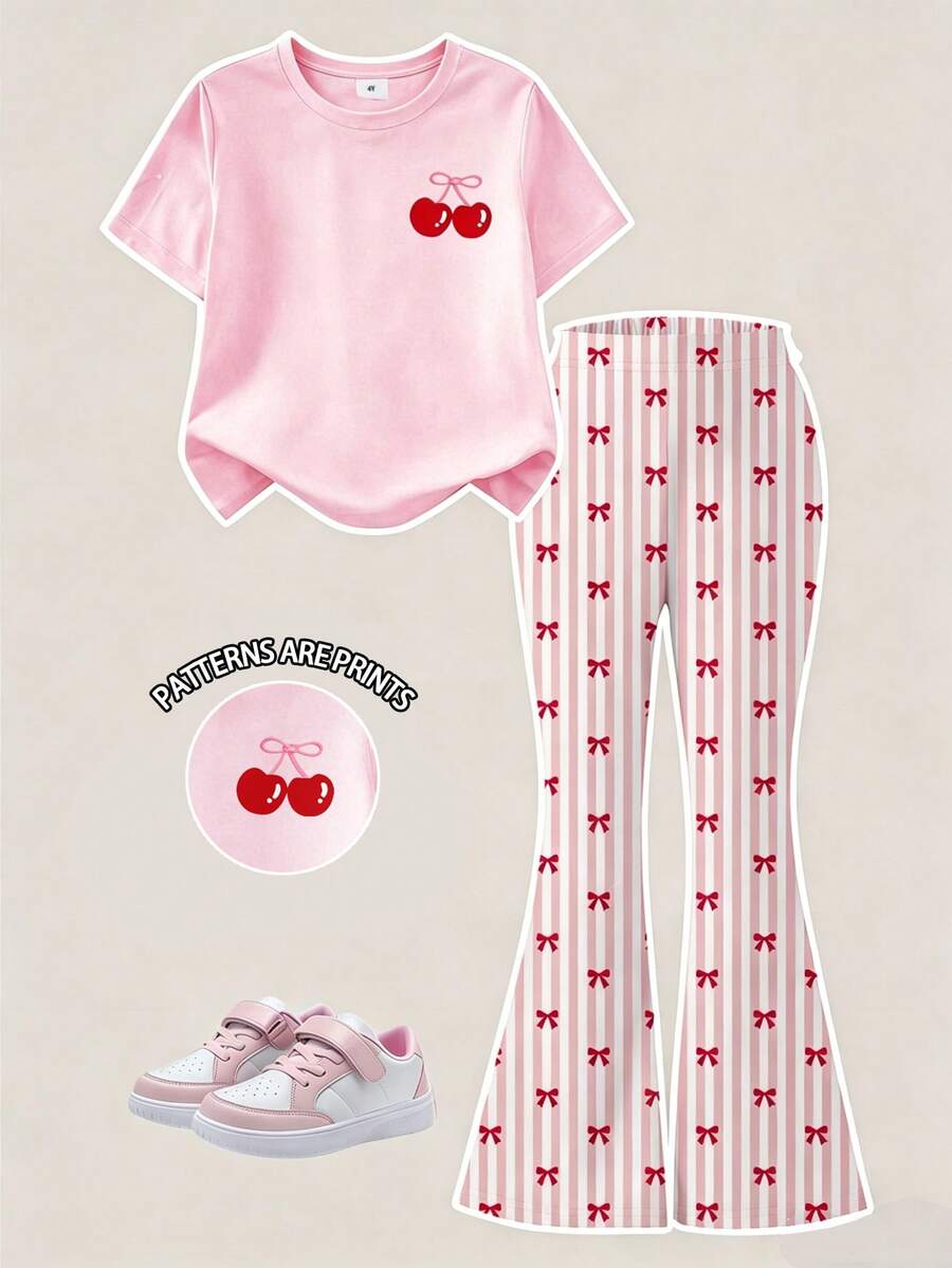 Elladie kids 2pcs/Set Young Girl Casual Butterfly Print Short Sleeve T-Shirt And Flare Pants,Cute Cartoon Graphic Fashionable Summer Clothes For School Outfit