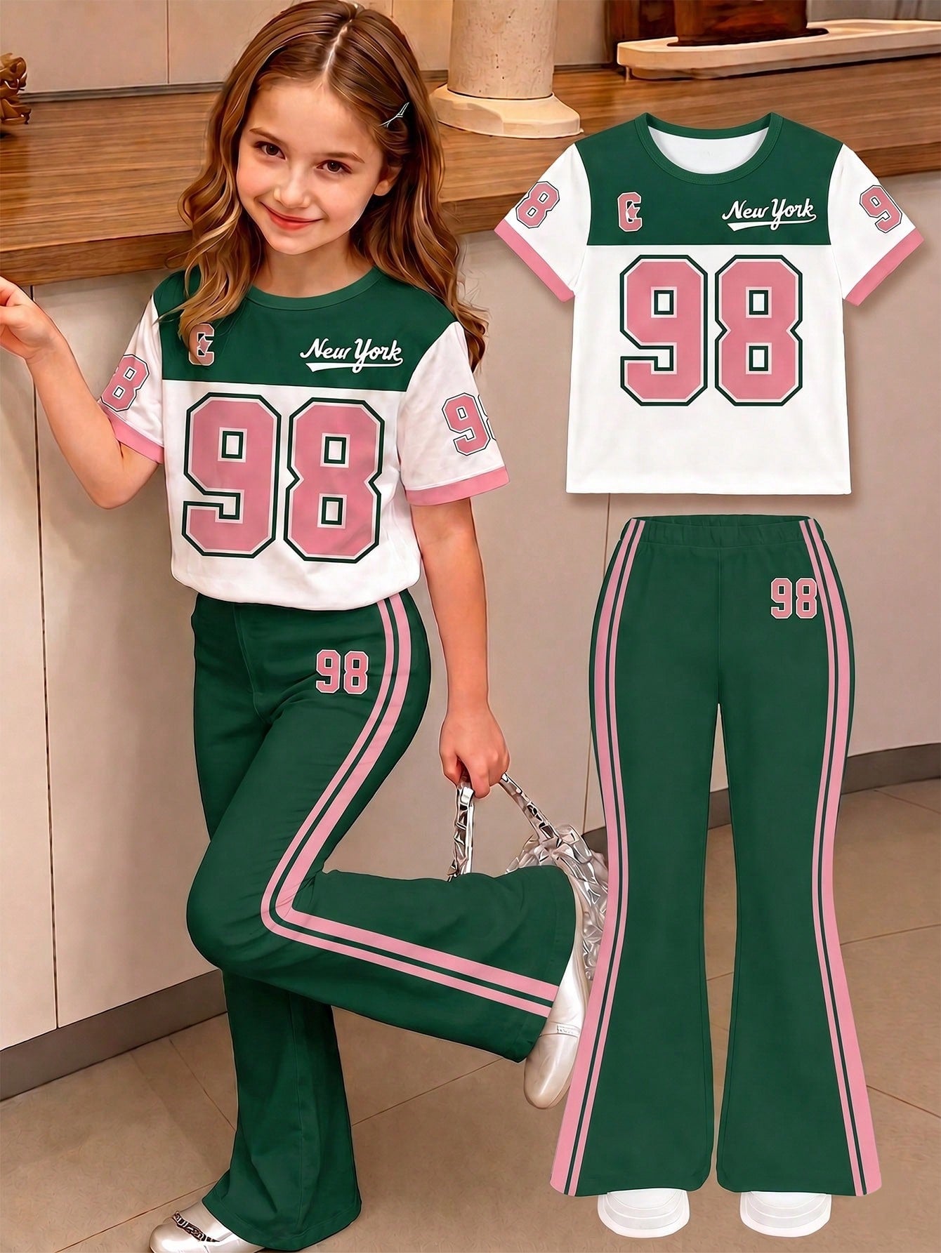 Elladie kids 2pcs/Set Young Girl Casual Butterfly Print Short Sleeve T-Shirt And Flare Pants,Cute Cartoon Graphic Fashionable Summer Clothes For School Outfit