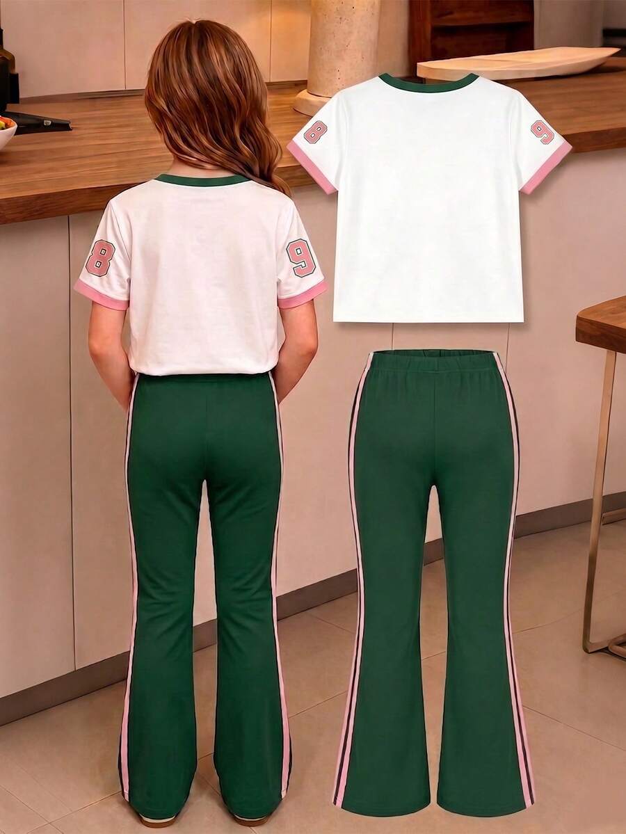 Elladie kids 2pcs/Set Young Girl Casual Butterfly Print Short Sleeve T-Shirt And Flare Pants,Cute Cartoon Graphic Fashionable Summer Clothes For School Outfit