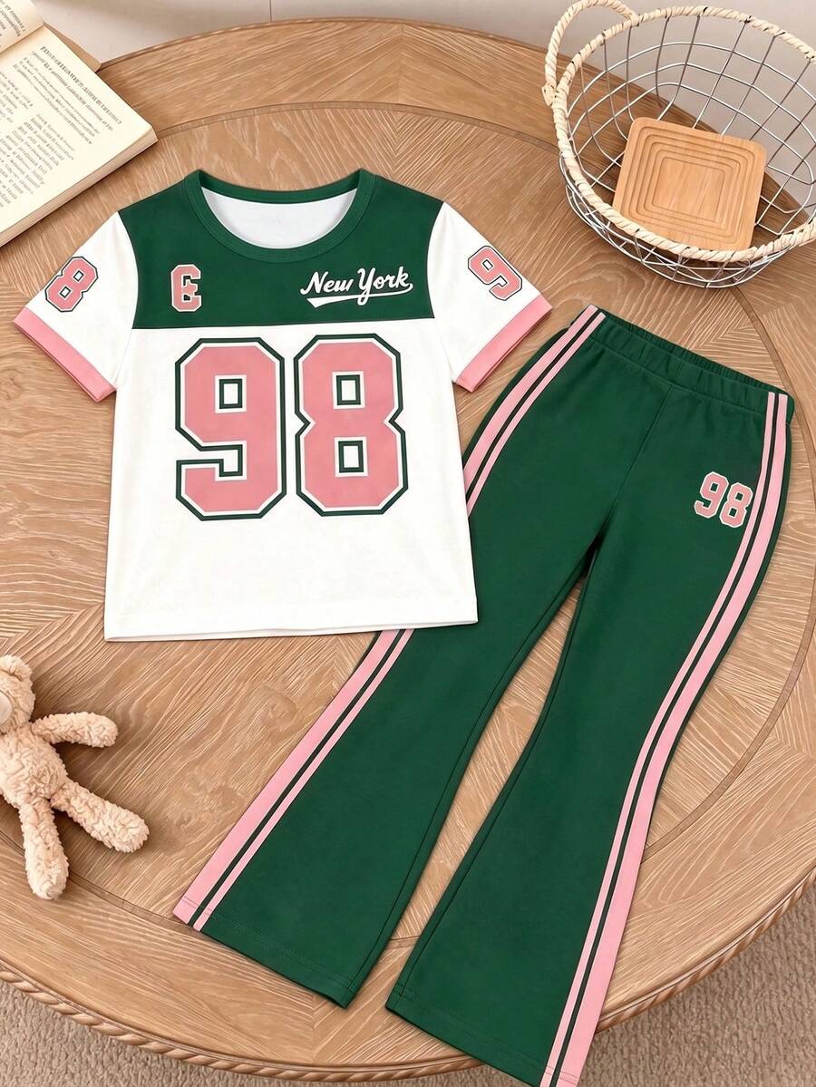 Elladie kids 2pcs/Set Young Girl Casual Butterfly Print Short Sleeve T-Shirt And Flare Pants,Cute Cartoon Graphic Fashionable Summer Clothes For School Outfit