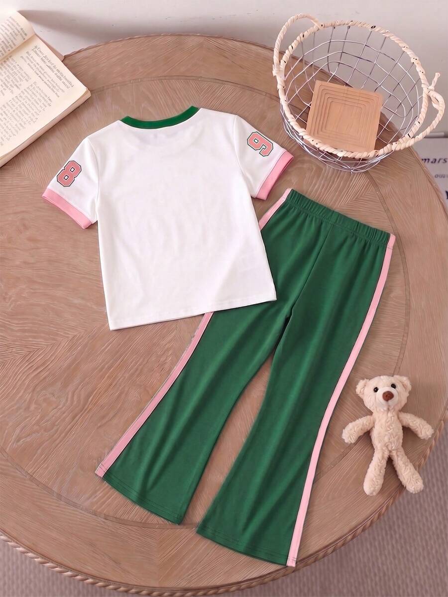 Elladie kids 2pcs/Set Young Girl Casual Butterfly Print Short Sleeve T-Shirt And Flare Pants,Cute Cartoon Graphic Fashionable Summer Clothes For School Outfit