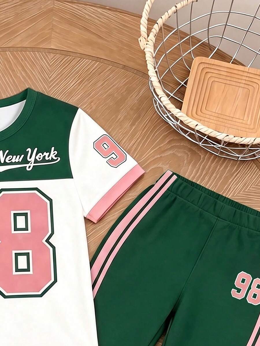 Elladie kids 2pcs/Set Young Girl Casual Butterfly Print Short Sleeve T-Shirt And Flare Pants,Cute Cartoon Graphic Fashionable Summer Clothes For School Outfit