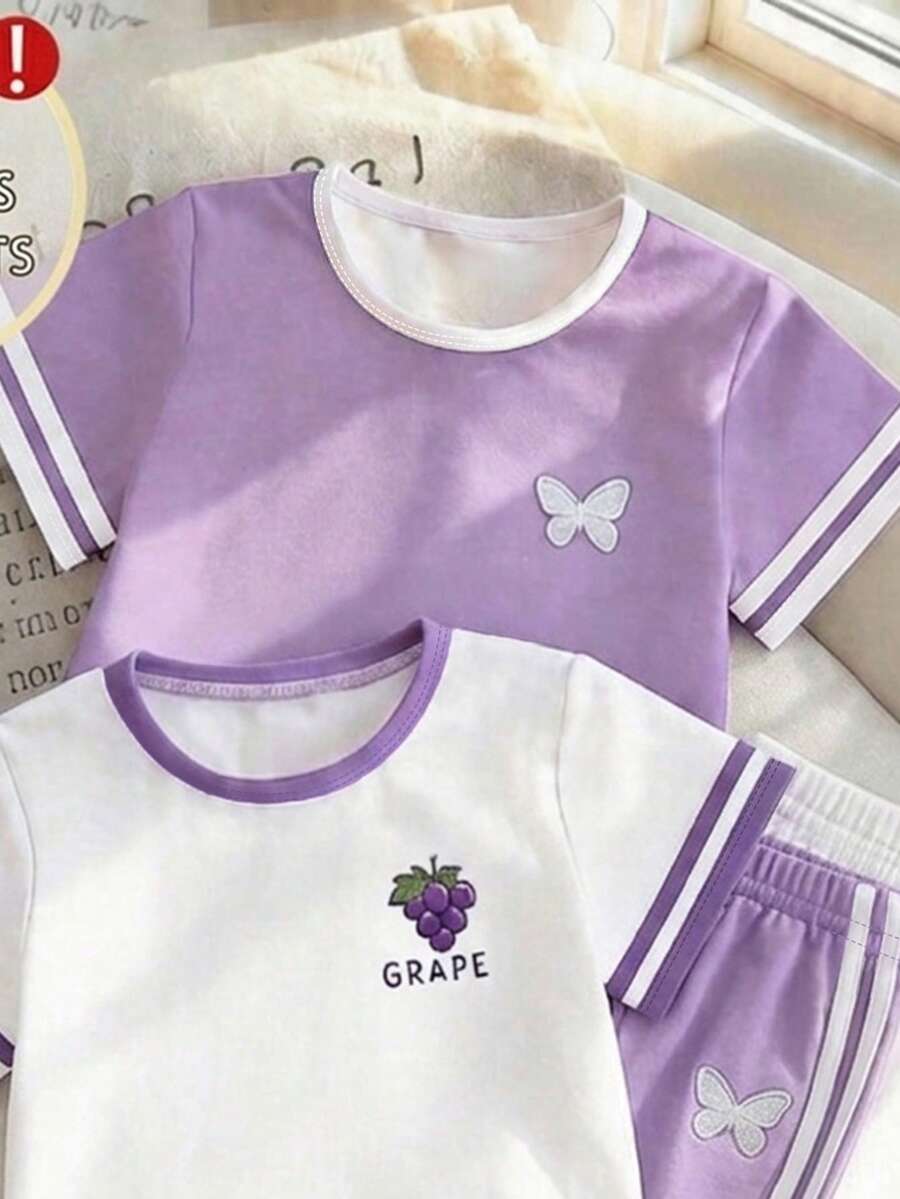 Elladie kids 2pcs/Set Young Girl Casual Butterfly Print Short Sleeve T-Shirt And Flare Pants,Cute Cartoon Graphic Fashionable Summer Clothes For School Outfit