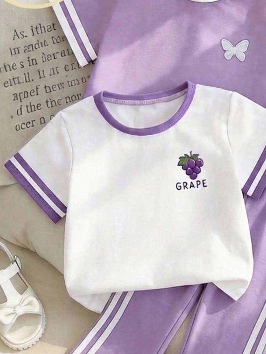 Elladie kids 2pcs/Set Young Girl Casual Butterfly Print Short Sleeve T-Shirt And Flare Pants,Cute Cartoon Graphic Fashionable Summer Clothes For School Outfit