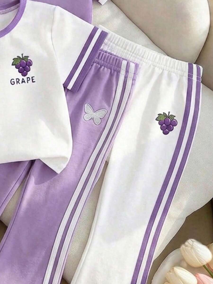 Elladie kids 2pcs/Set Young Girl Casual Butterfly Print Short Sleeve T-Shirt And Flare Pants,Cute Cartoon Graphic Fashionable Summer Clothes For School Outfit