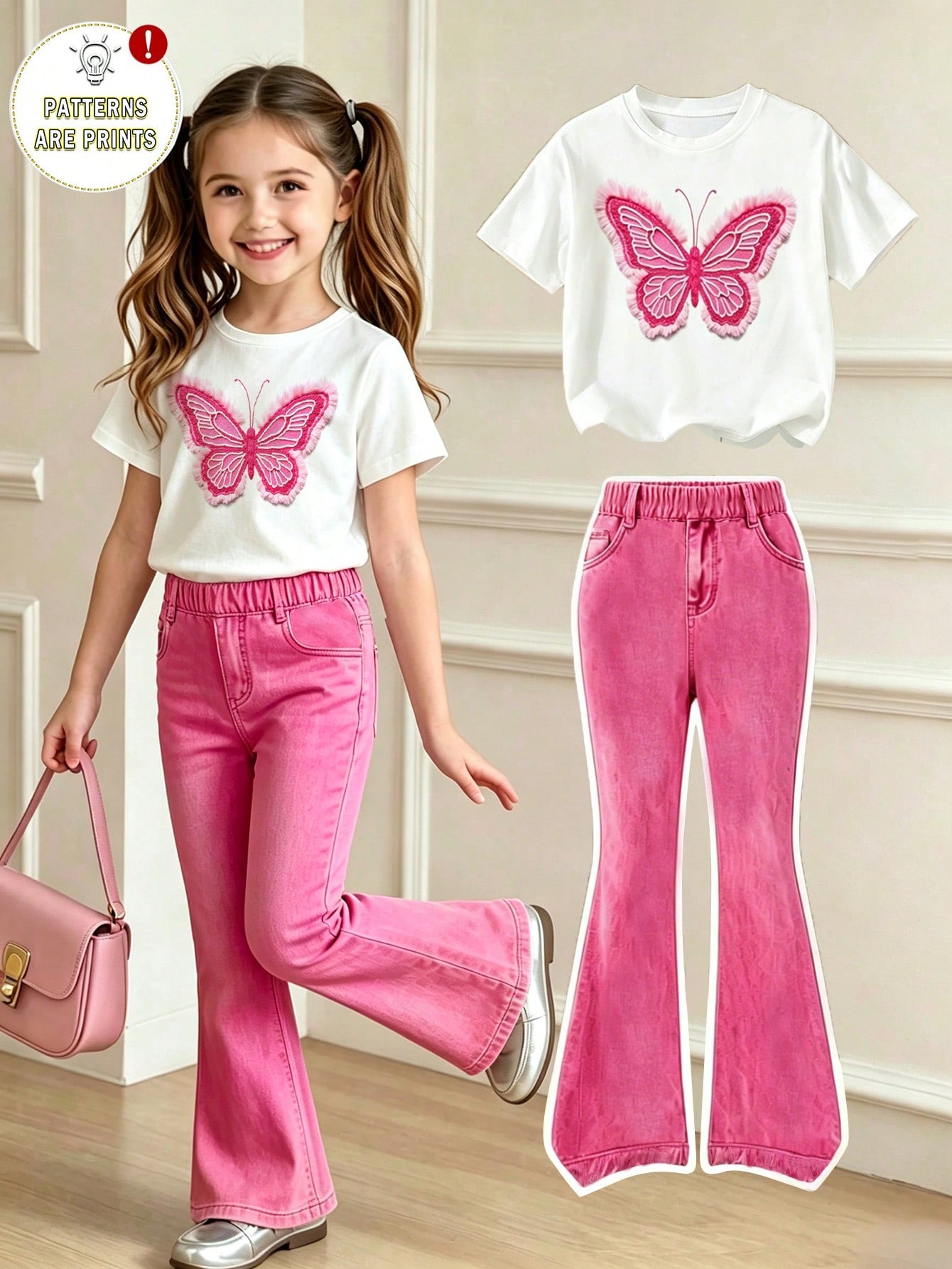 Elladie kids 2pcs/Set Young Girl Casual Butterfly Print Short Sleeve T-Shirt And Flare Pants,Cute Cartoon Graphic Fashionable Summer Clothes For School Outfit