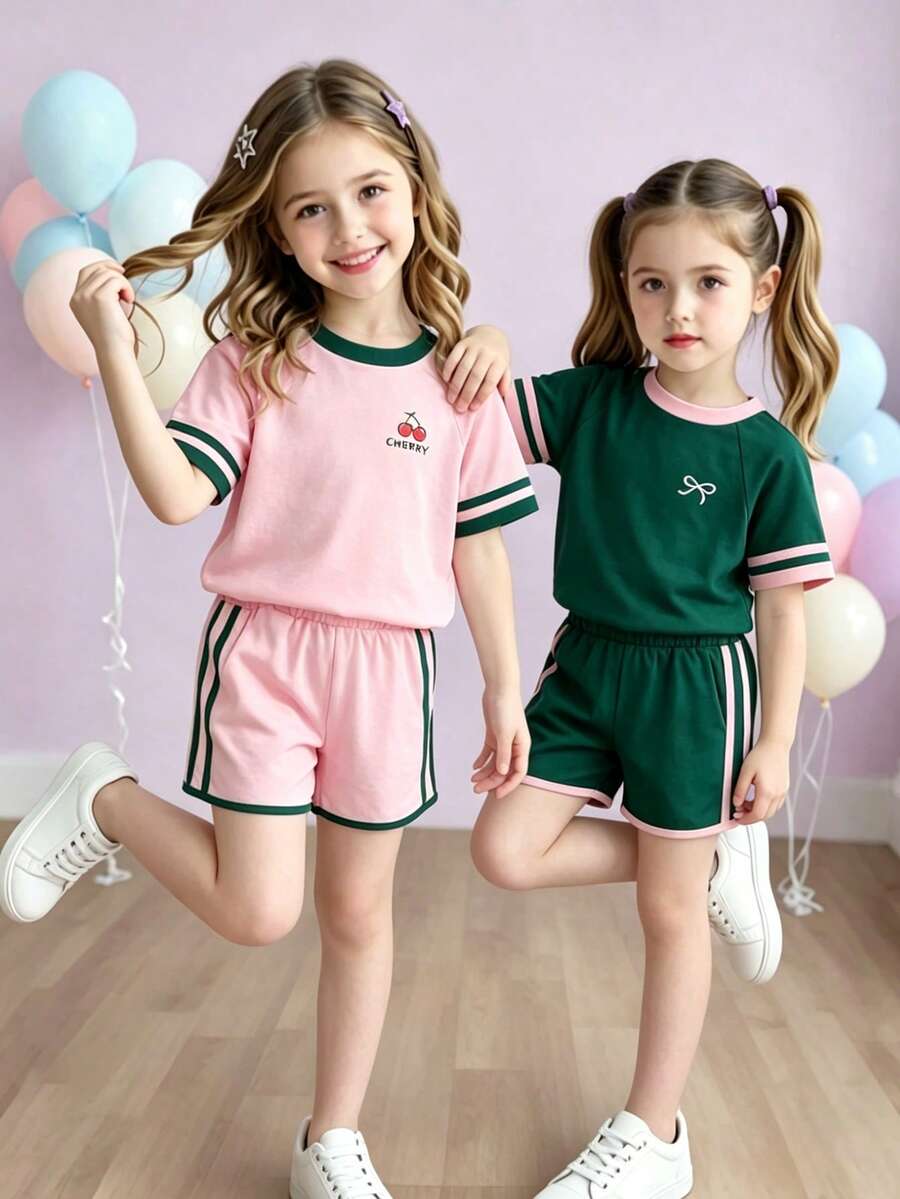 Genkimix Kids Young Girls Casual Light Sports Print Leopard Raglan T-Shirt With Cute Bow Front, Contrast Pink Knit Jersey Fabric, Y2K Retro Double Stripe Leopard Shorts Set, Suitable For Casual Activities, Street Style, Sports