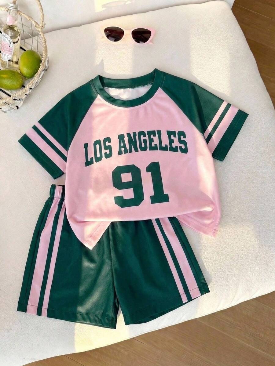 Genkimix Kids Young Girls Casual Light Sports Print Leopard Raglan T-Shirt With Cute Bow Front, Contrast Pink Knit Jersey Fabric, Y2K Retro Double Stripe Leopard Shorts Set, Suitable For Casual Activities, Street Style, Sports