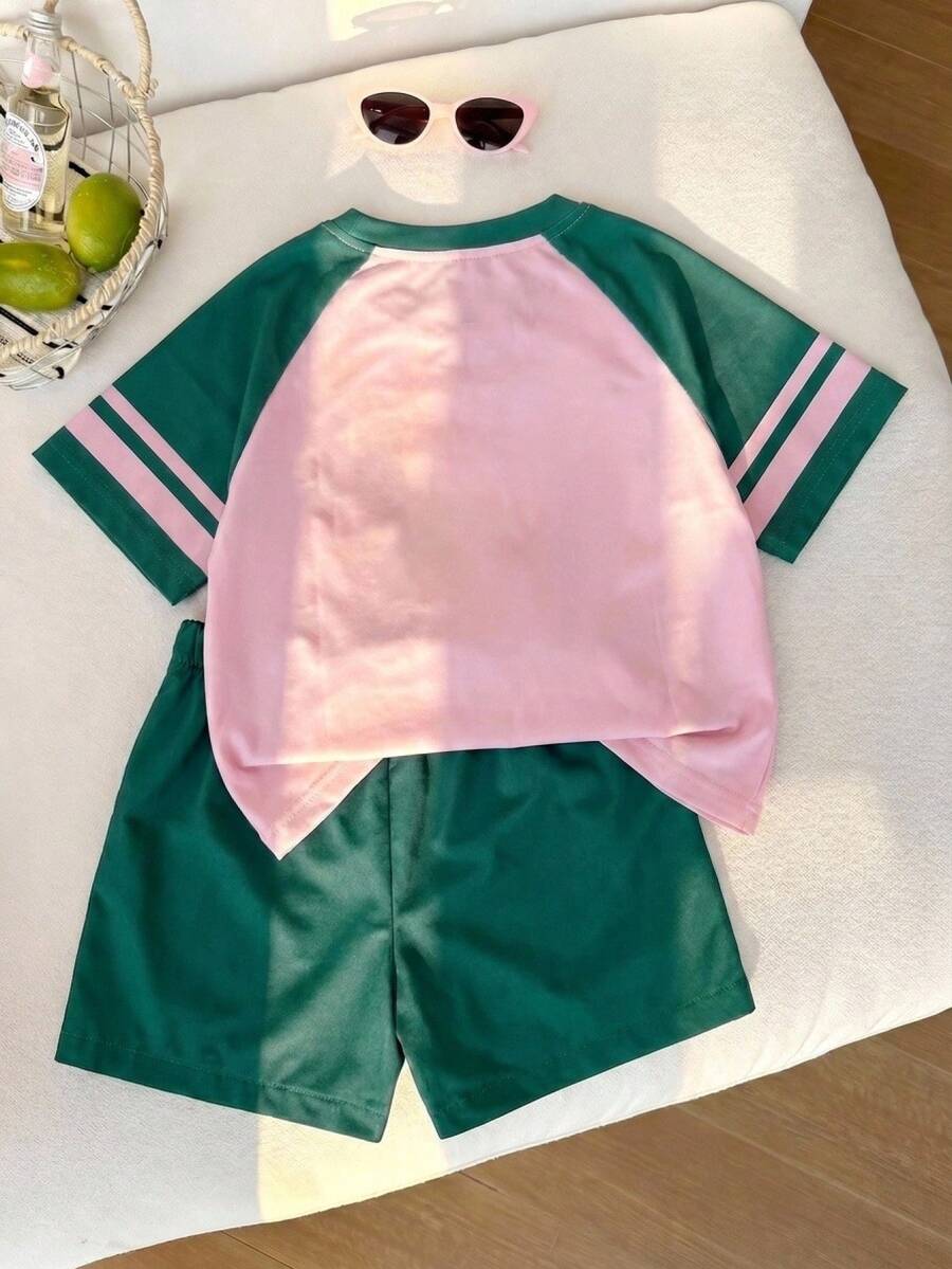 Genkimix Kids Young Girls Casual Light Sports Print Leopard Raglan T-Shirt With Cute Bow Front, Contrast Pink Knit Jersey Fabric, Y2K Retro Double Stripe Leopard Shorts Set, Suitable For Casual Activities, Street Style, Sports
