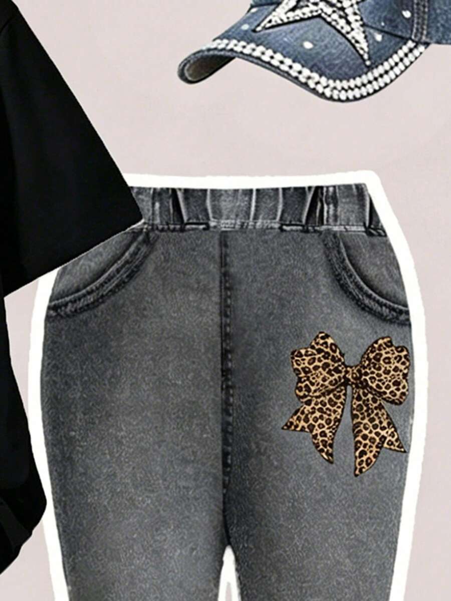 Elladie kids 2pcs/Set Young Girl Casual Butterfly Print Short Sleeve T-Shirt And Flare Pants,Cute Cartoon Graphic Fashionable Summer Clothes For School Outfit
