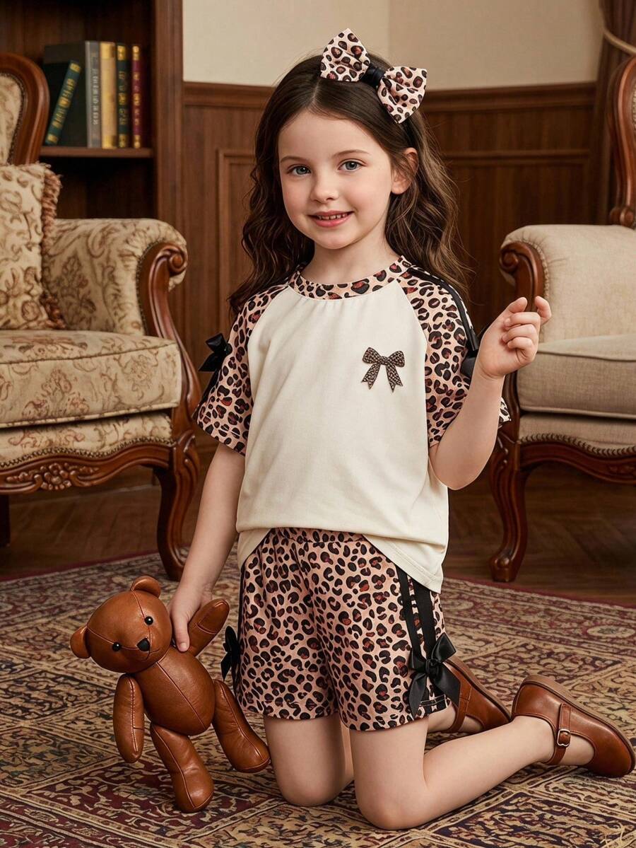 Genkimix Kids Young Girls Casual Light Sports Print Leopard Raglan T-Shirt With Cute Bow Front, Contrast Pink Knit Jersey Fabric, Y2K Retro Double Stripe Leopard Shorts Set, Suitable For Casual Activities, Street Style, Sports