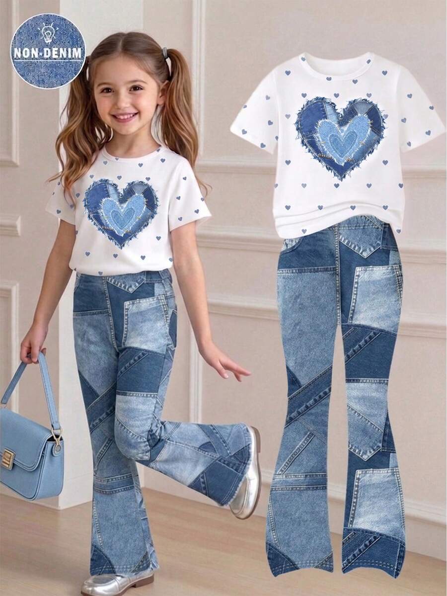 Elladie kids 2pcs/Set Young Girl Casual Butterfly Print Short Sleeve T-Shirt And Flare Pants,Cute Cartoon Graphic Fashionable Summer Clothes For School Outfit