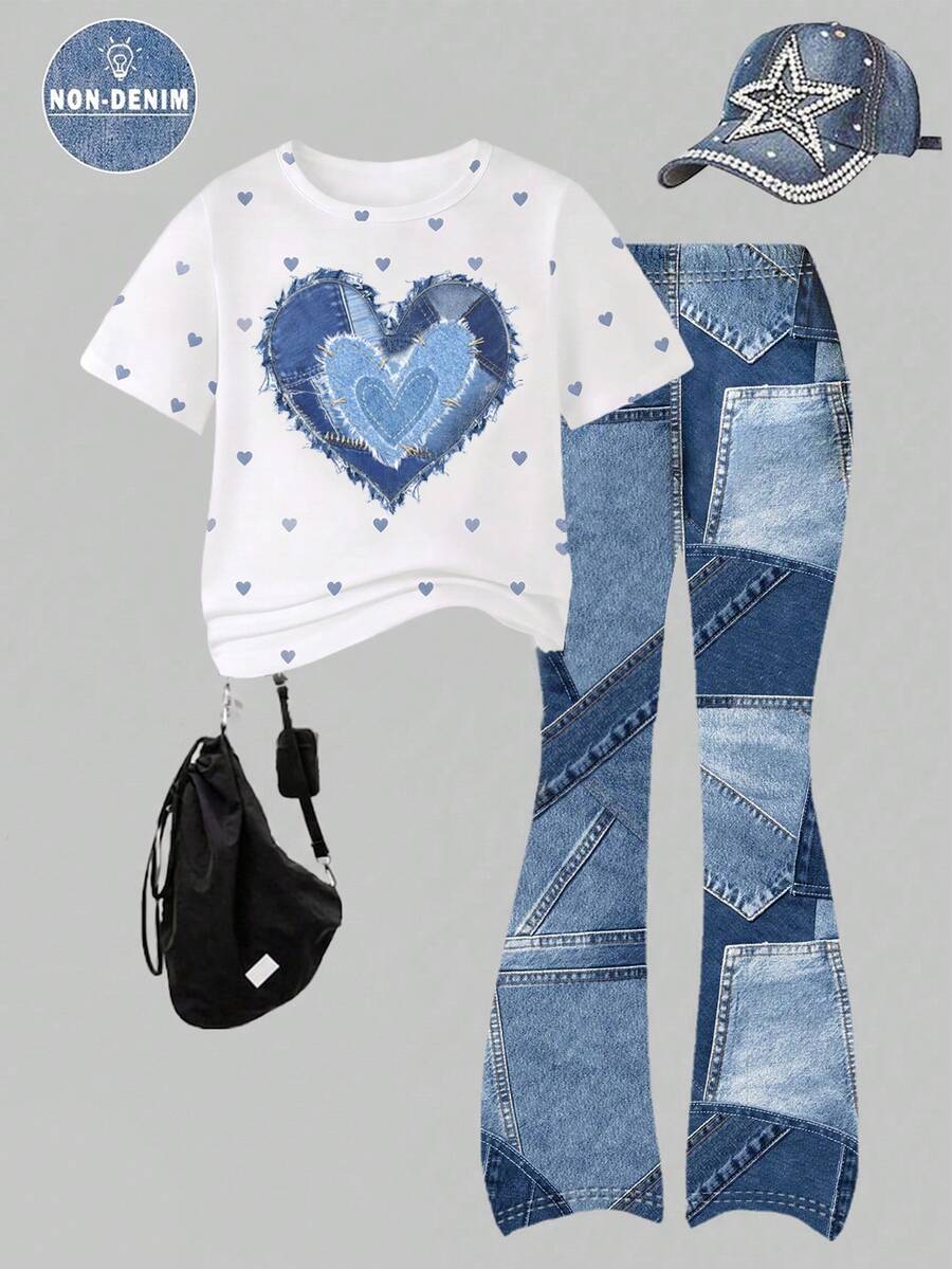 Elladie kids 2pcs/Set Young Girl Casual Butterfly Print Short Sleeve T-Shirt And Flare Pants,Cute Cartoon Graphic Fashionable Summer Clothes For School Outfit