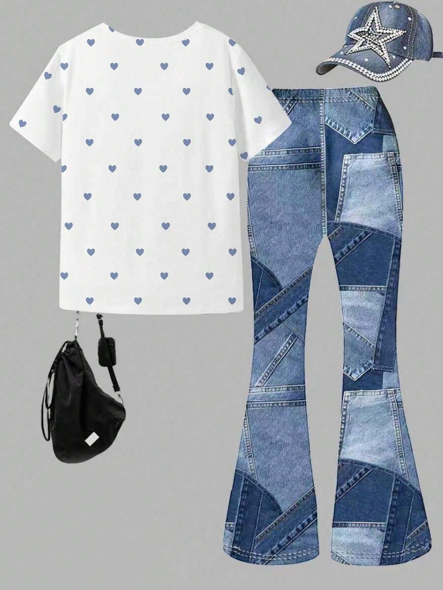 Elladie kids 2pcs/Set Young Girl Casual Butterfly Print Short Sleeve T-Shirt And Flare Pants,Cute Cartoon Graphic Fashionable Summer Clothes For School Outfit
