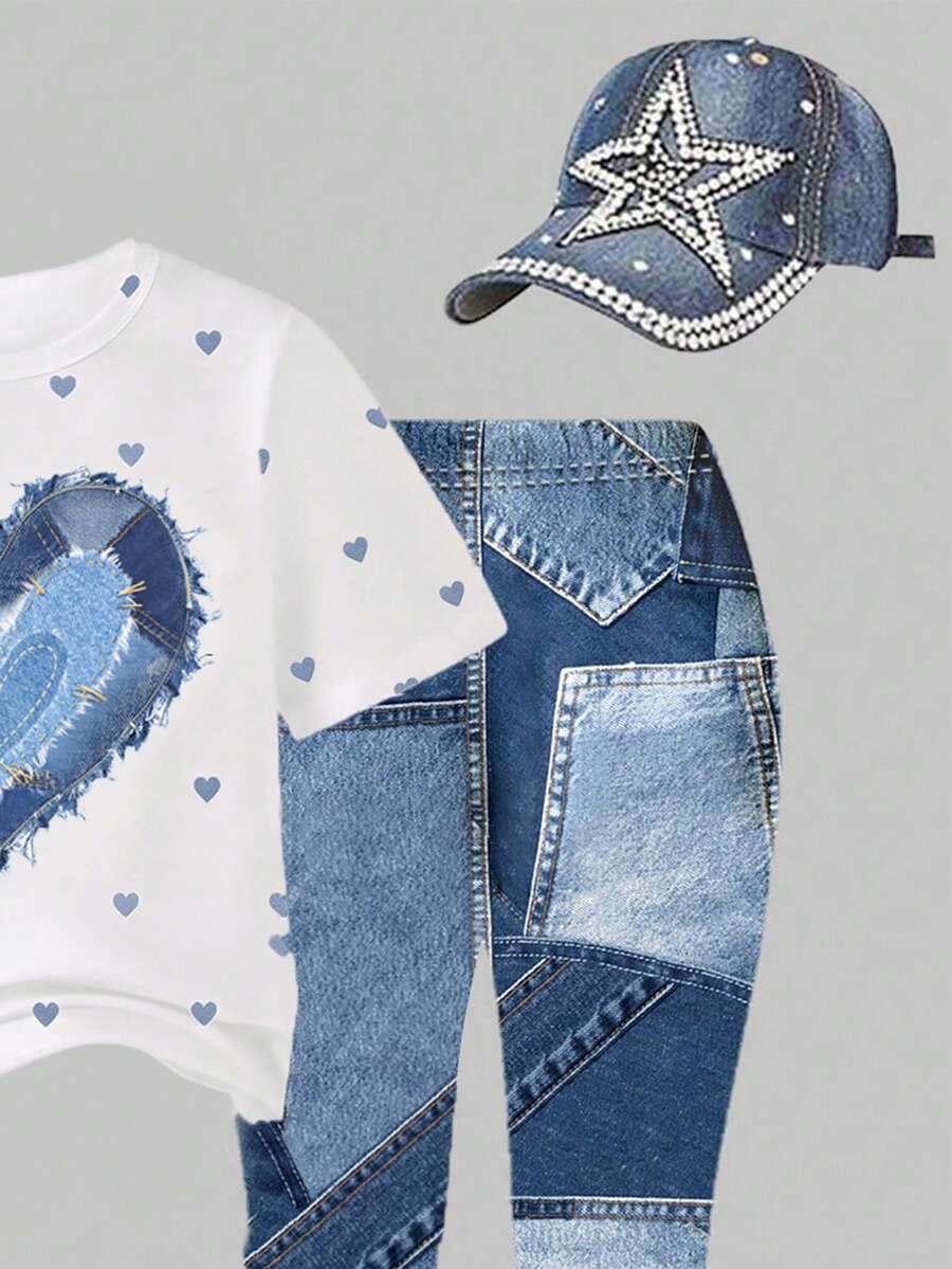 Elladie kids 2pcs/Set Young Girl Casual Butterfly Print Short Sleeve T-Shirt And Flare Pants,Cute Cartoon Graphic Fashionable Summer Clothes For School Outfit