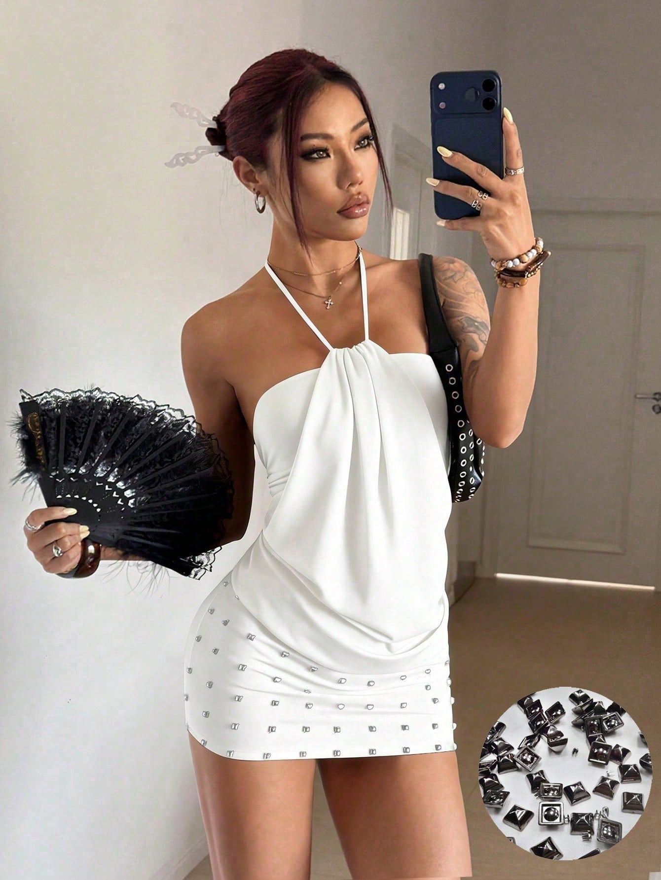 Women's brown beaded halter mini dress with a backless tie-back knot design, sleeveless slim fit silhouette, and pencil hem.