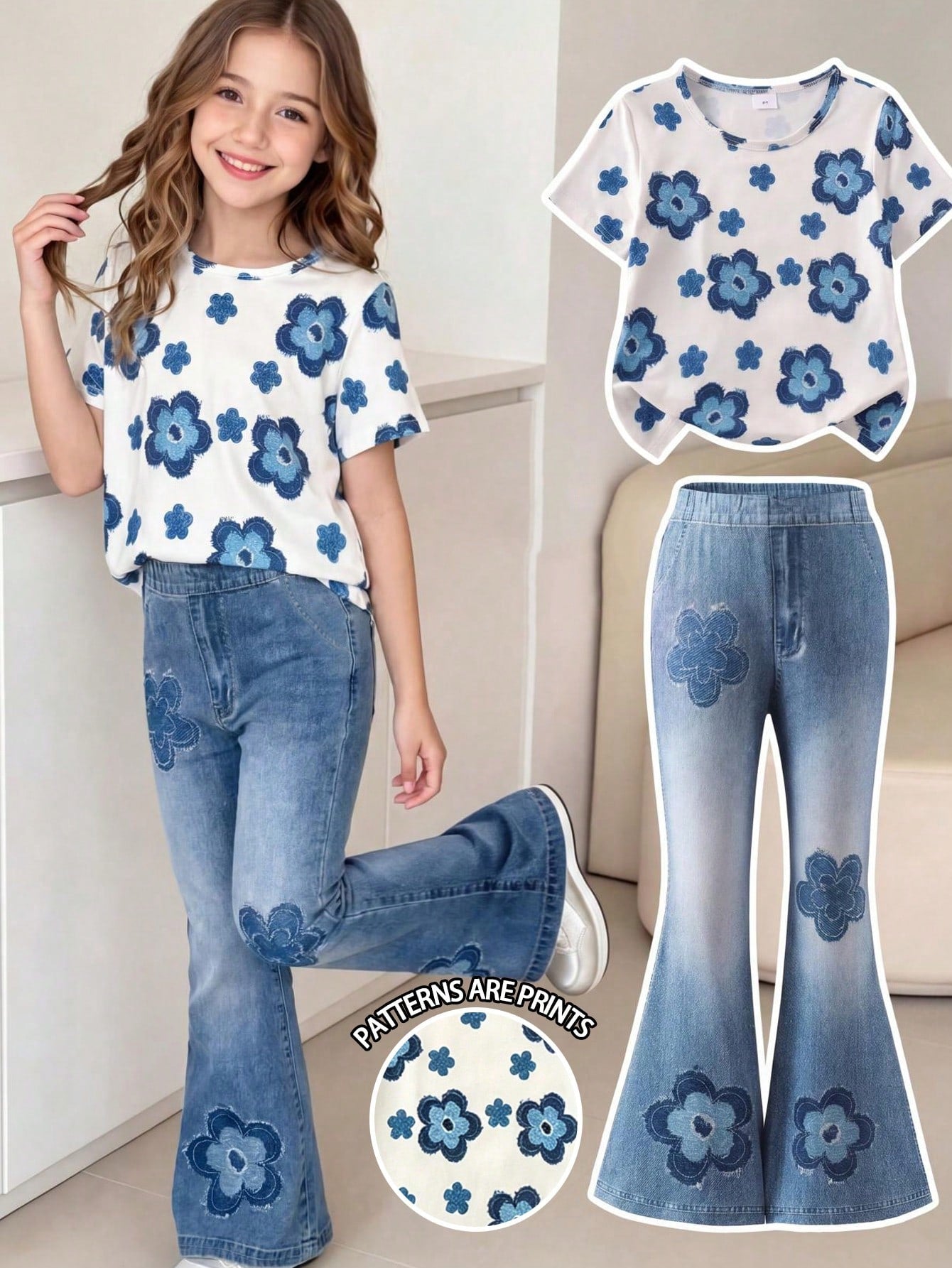 Elladie kids 2pcs/Set Young Girl Casual Butterfly Print Short Sleeve T-Shirt And Flare Pants,Cute Cartoon Graphic Fashionable Summer Clothes For School Outfit