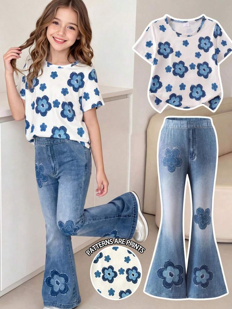 Elladie kids 2pcs/Set Young Girl Casual Butterfly Print Short Sleeve T-Shirt And Flare Pants,Cute Cartoon Graphic Fashionable Summer Clothes For School Outfit