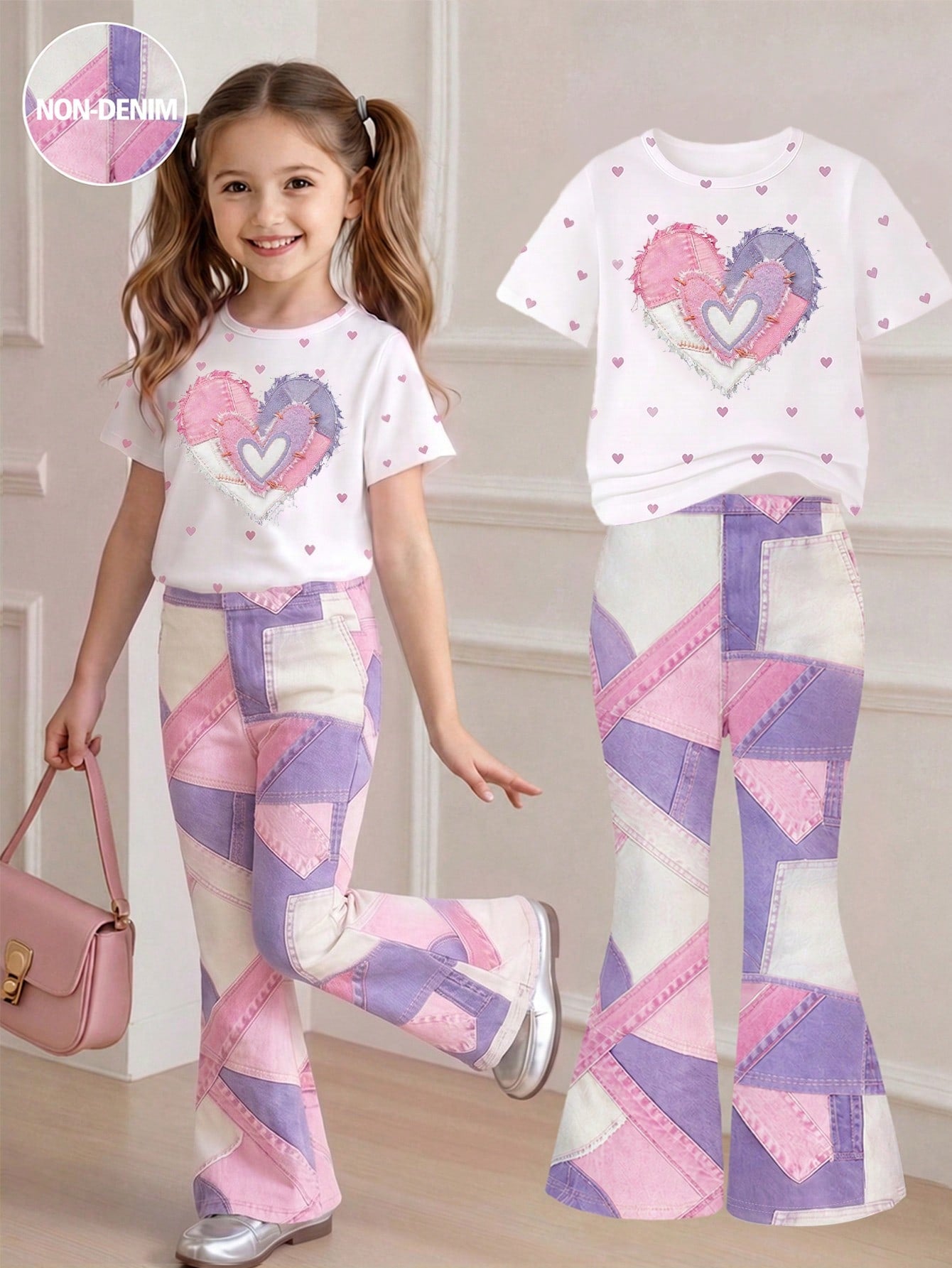 Elladie kids 2pcs/Set Young Girl Casual Butterfly Print Short Sleeve T-Shirt And Flare Pants,Cute Cartoon Graphic Fashionable Summer Clothes For School Outfit