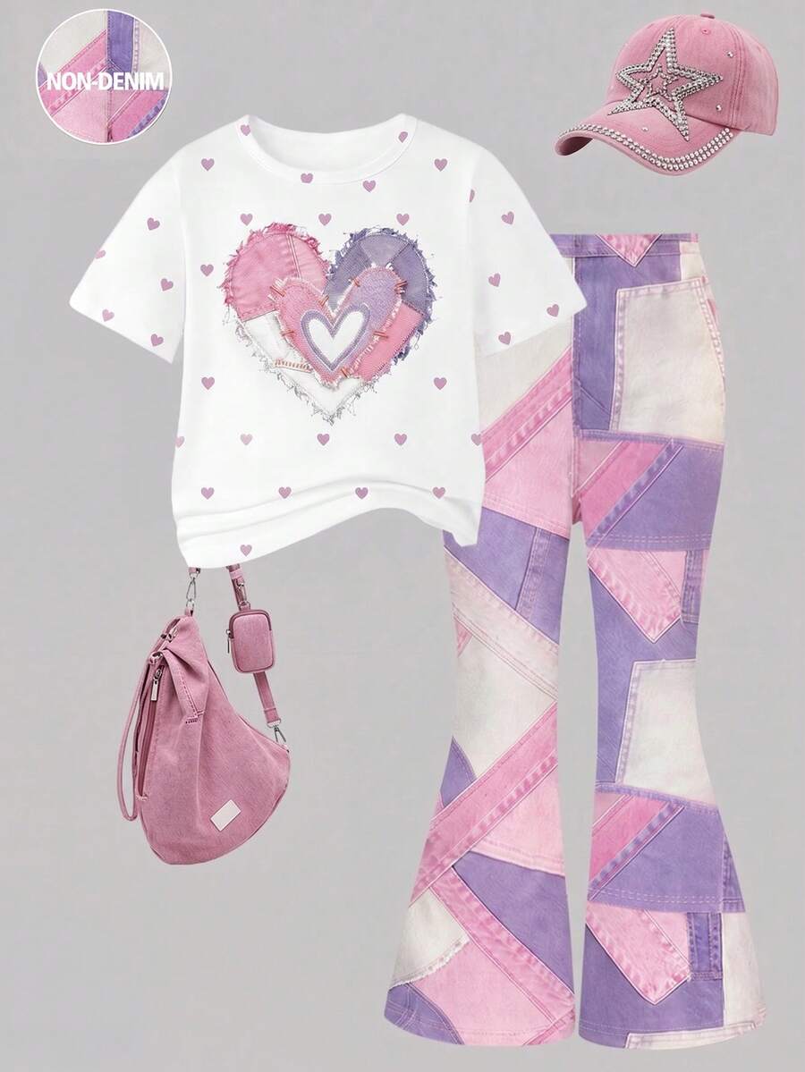 Elladie kids 2pcs/Set Young Girl Casual Butterfly Print Short Sleeve T-Shirt And Flare Pants,Cute Cartoon Graphic Fashionable Summer Clothes For School Outfit