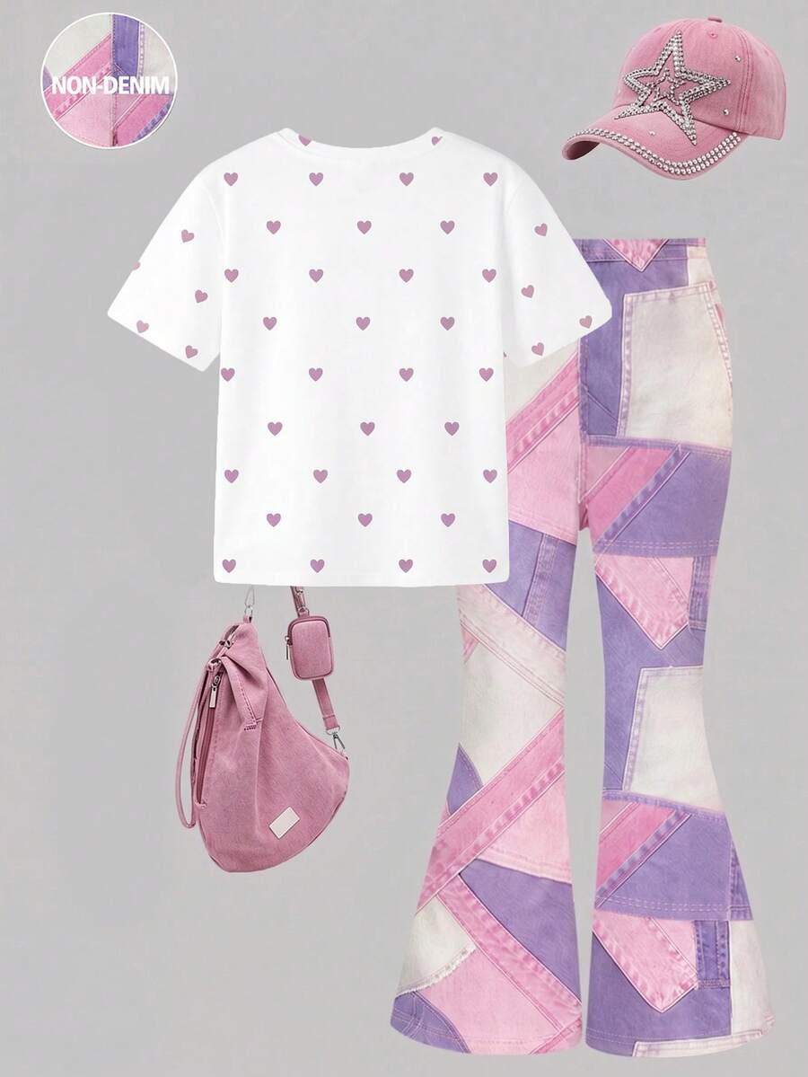 Elladie kids 2pcs/Set Young Girl Casual Butterfly Print Short Sleeve T-Shirt And Flare Pants,Cute Cartoon Graphic Fashionable Summer Clothes For School Outfit